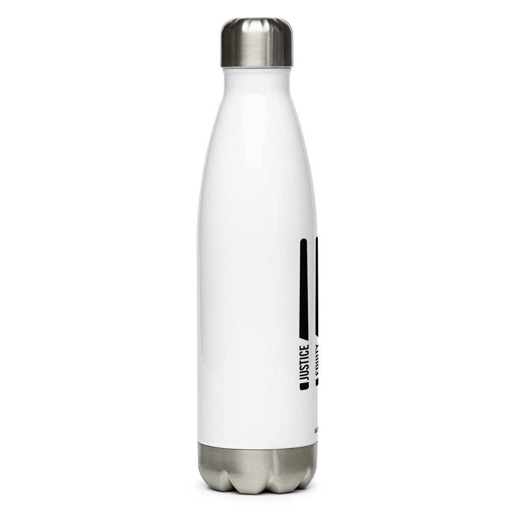 justice equity diversity inclusion J.E.D.I water bottle with four stylized horizontal black laser swords. In each laser sword handle, one word is embedded: justice, equity, diversity, and inclusion in black upper case letters.