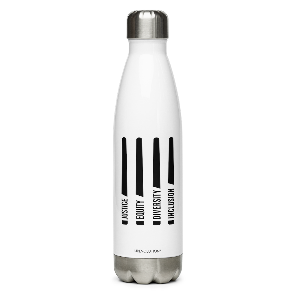 This is a photo of a justice water bottle with four stylized horizontal black laser swords. Embedded in each laser sword handle is one word: justice, equity, diversity, and inclusion in black upper case letters.