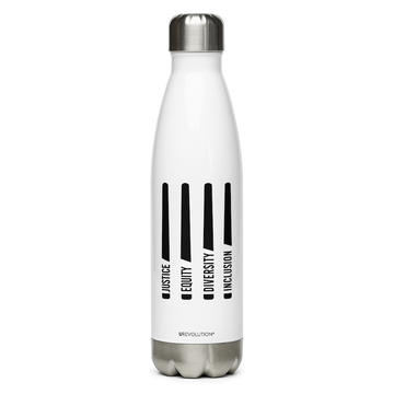 This is a photo of a justice water bottle with four stylized horizontal black laser swords. Embedded in each laser sword handle is one word: justice, equity, diversity, and inclusion in black upper case letters.