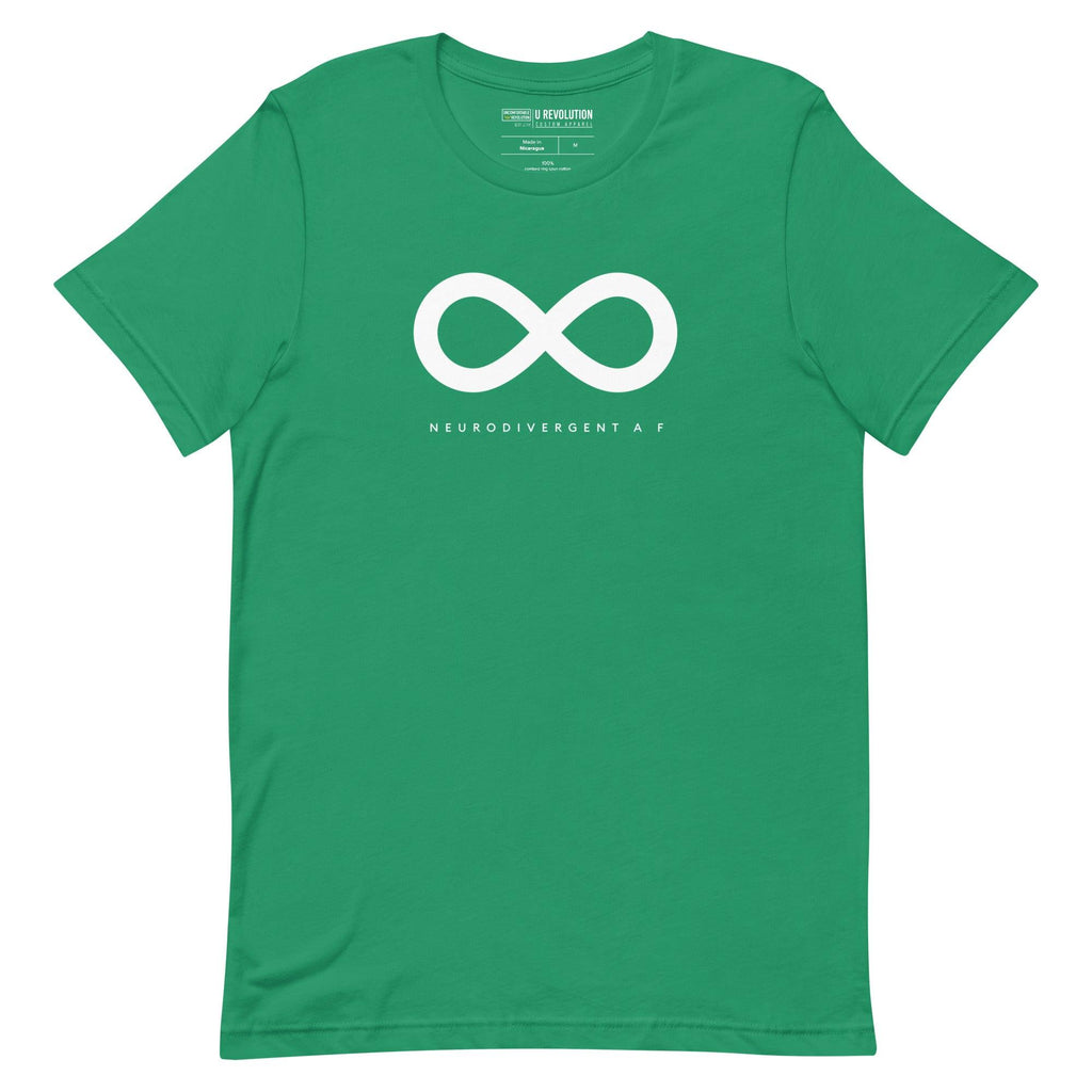 This is a photo of a kelly green Neurodivergent AF Shirt. In the top third of the Neurodivergent AF tee, there is a white infinity symbol. Under the symbol is the phrase, 'Neurodivergent AF,' in white upper case letters.