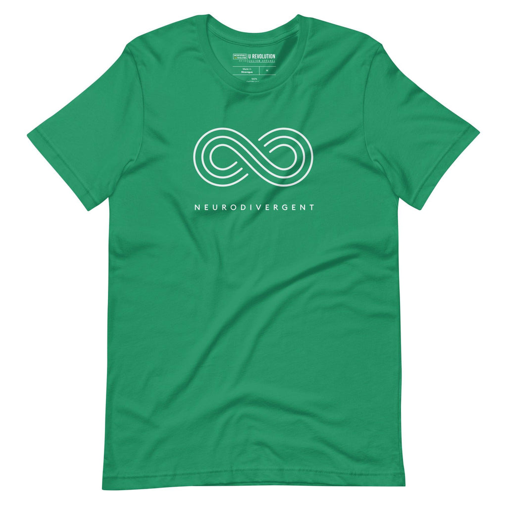 Kelly green neurodivergent shirt against a plain background. In the top 1/3 of the neurodivergent shirt is an elegant white infinity symbol consisting of three thin white lines. Just below the infinity symbol is the word Neurodivergent in elegant upper-case white letters