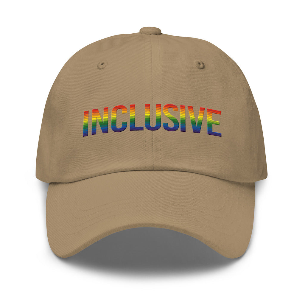 Khaki inclusive gay pride baseball cap with the word 'inclusive' embroidered in the front middle of the cap in upper case LGBT pride colors. 