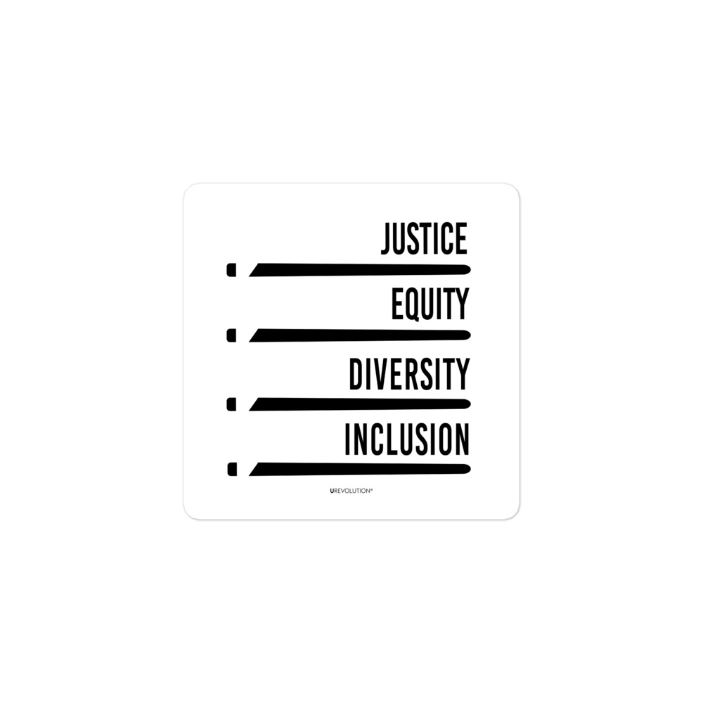 A square white justice equity diversity inclusion sticker with four stylized horizontal black "JEDI" lightsabers. Above each sticker is one word: justice, equity, diversity, and inclusion in black upper case.