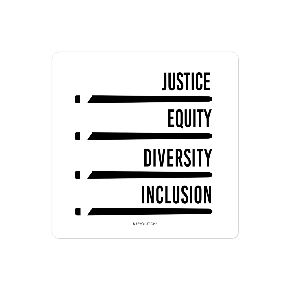 A square white justice equity diversity inclusion sticker with four stylized horizontal black "JEDI" lightsabers. Above each sticker is one word: justice, equity, diversity, and inclusion in black upper case.
