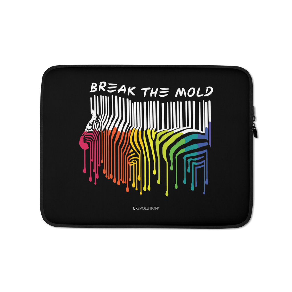 This is a photo of a Break the Mold laptop sleeve. In the middle of the pouch is a graphic of zebra in the silhouette of a barcode. The top half of the zebra are vertical white stripes, which then change just below the back into the colors of the rainbow. The bottom of each stripe has a paint drip mark. Just above the zebra's back is the phrase, in upper case, 'break the mold.'