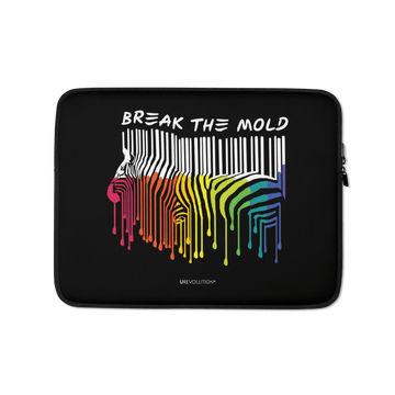 This is a photo of a Break the Mold laptop sleeve. In the middle of the pouch is a graphic of zebra in the silhouette of a barcode. The top half of the zebra are vertical white stripes, which then change just below the back into the colors of the rainbow. The bottom of each stripe has a paint drip mark. Just above the zebra's back is the phrase, in upper case, 'break the mold.'
