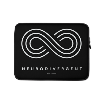 This is a photo of the front of a black neurodivergent laptop sleeve. In the middle of the neurodivergent laptop sleeve is an elegant white infinity symbol consisting of three thin white lines. Just below the infinity symbol is the word Neurodivergent in elegant upper case black letters. The design takes up 3/4 of the laptop sleeve surface.
