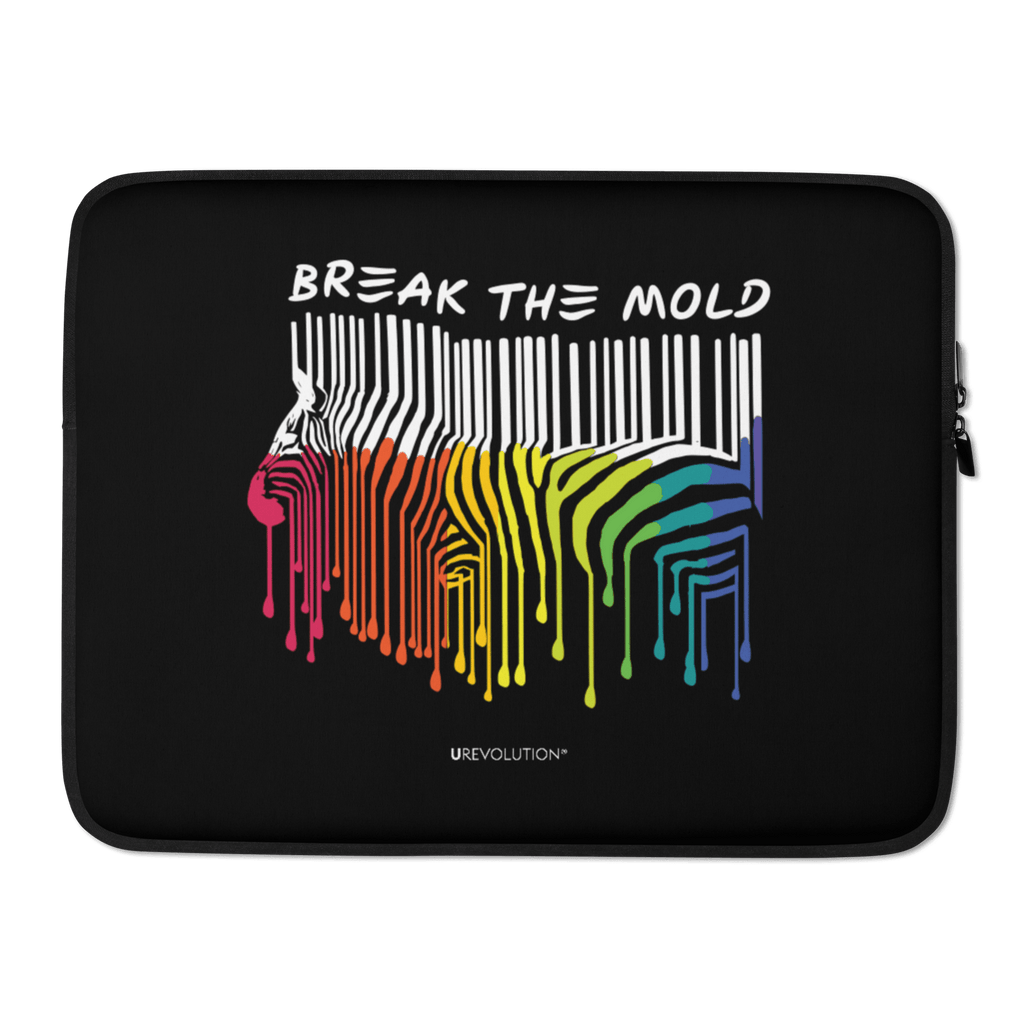 This is a photo of a Break the Mold laptop sleeve. In the middle of the pouch is a graphic of zebra in the silhouette of a barcode. The top half of the zebra are vertical white stripes, which then change just below the back into the colors of the rainbow. The bottom of each stripe has a paint drip mark. Just above the zebra's back is the phrase, in upper case, 'break the mold.'
