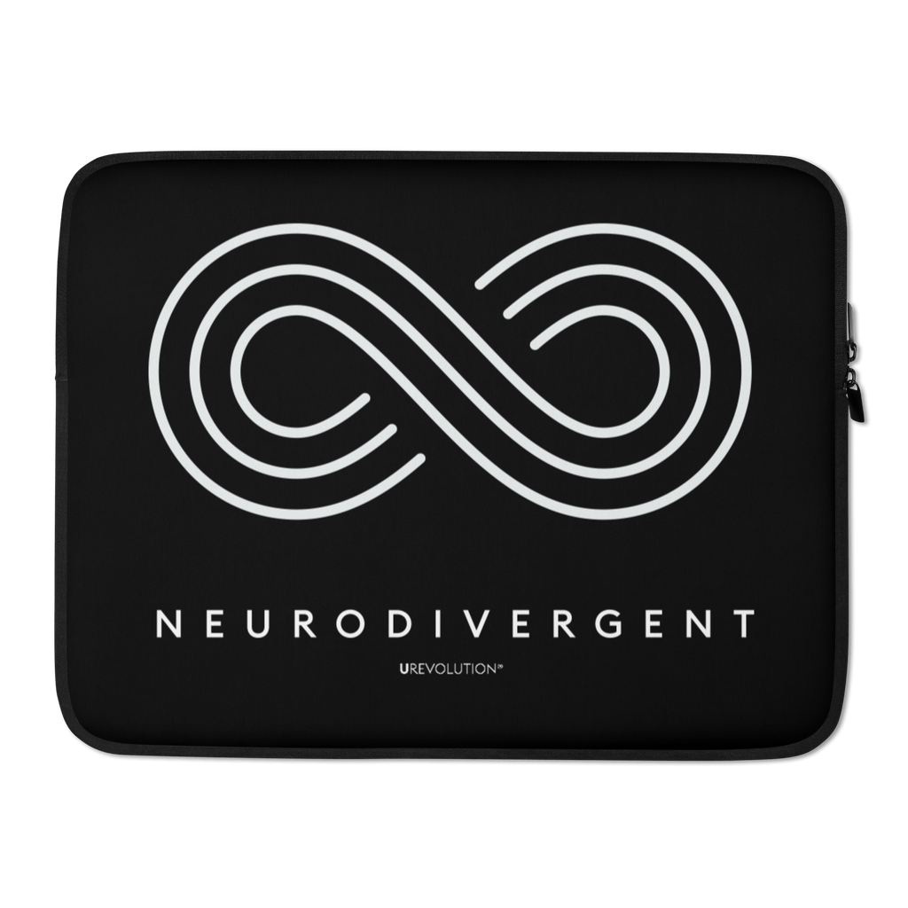 This is a photo of the front of a black neurodivergent laptop sleeve. In the middle of the neurodivergent laptop sleeve is an elegant white infinity symbol consisting of three thin white lines. Just below the infinity symbol is the word Neurodivergent in elegant upper case black letters. The design takes up 3/4 of the laptop sleeve surface.