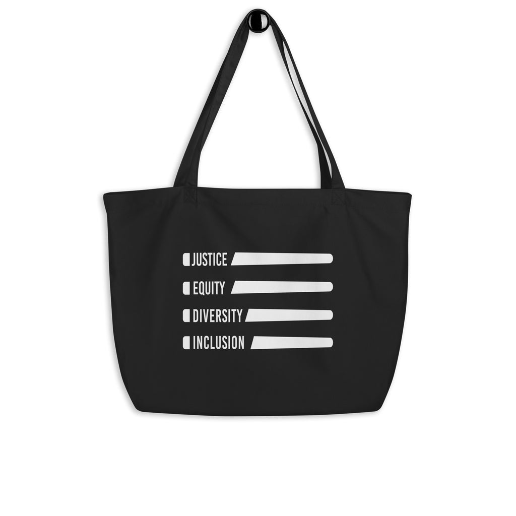This is a large black Justice Equity Diversity Inclusion organic tote bag. Four white laser swords are placed horizontally in the middle of the tote, similar to a flag. On the left-hand side of each sword, in the place of the handle, is one word: Justice Equity Diversity Inclusion.