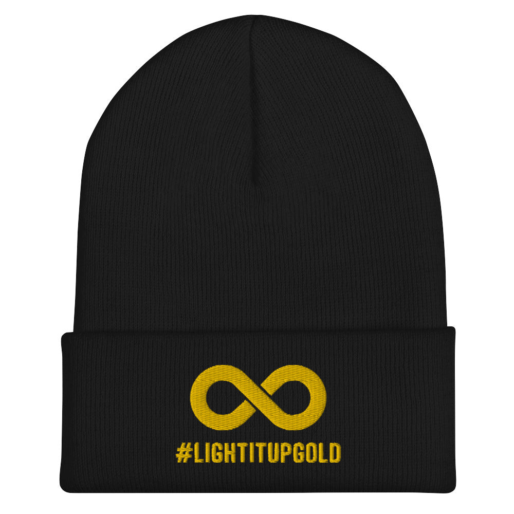 Light it up gold beanie. A thick bold gold infinity symbol is in the middle of a black beanie. Directly under the symbol in upper case letters is the word #LIGHTITUPGOLD