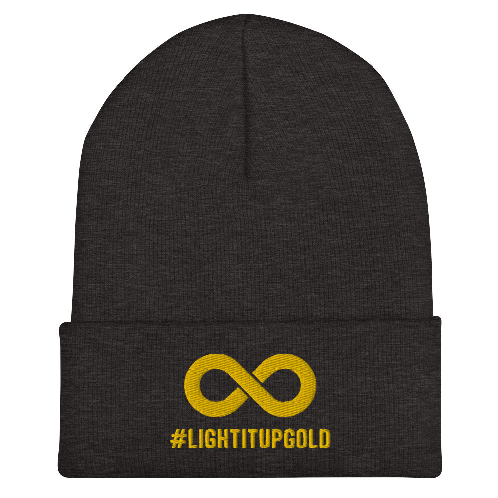 Light it up gold beanie. A thick bold gold infinity symbol is in the middle of a dark gray beanie. Directly under the symbol in upper case letters is the word #LIGHTITUPGOLD