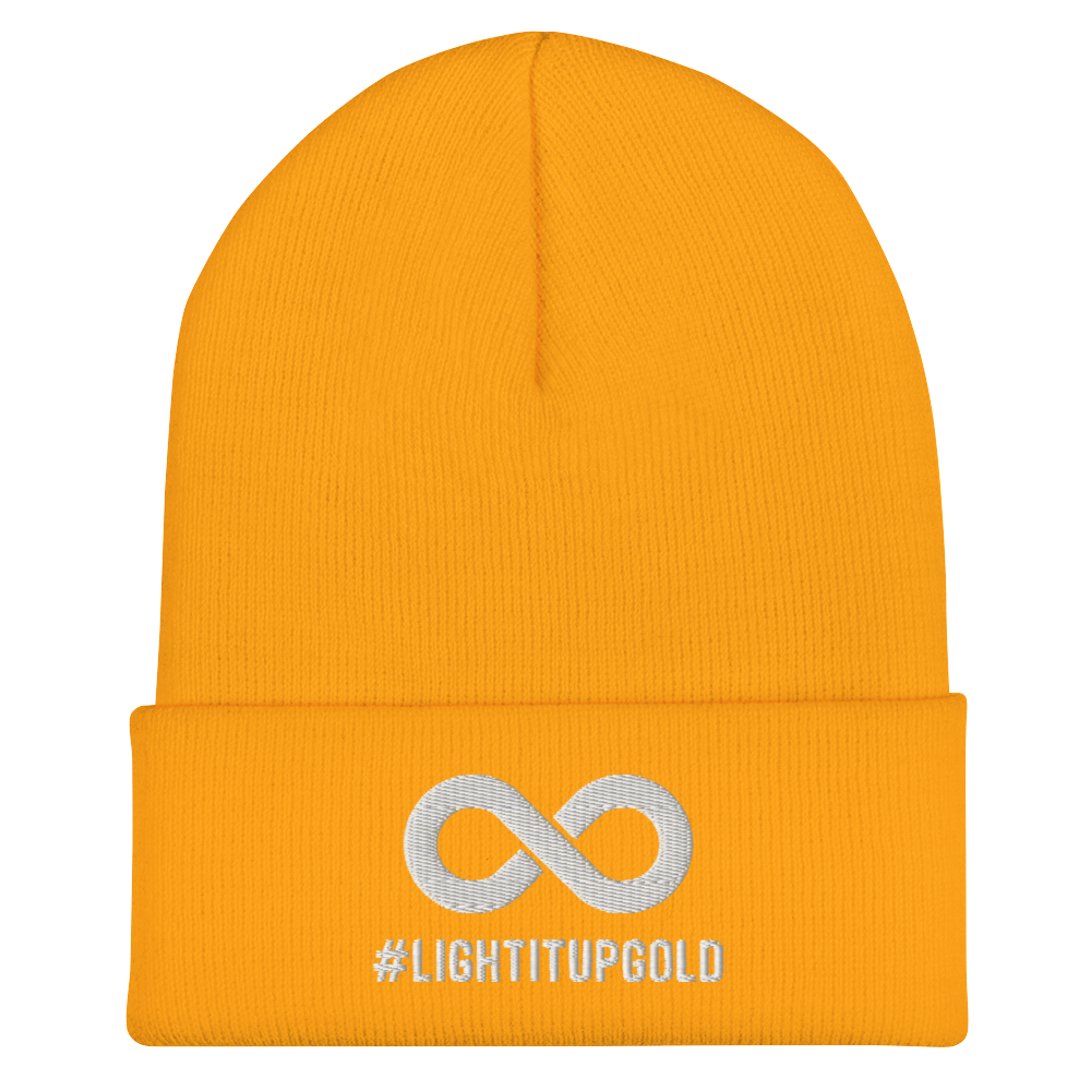 Light it up gold beanie. A thick bold white infinity symbol is in the middle of a gold beanie. Directly under the symbol in upper case letters is the word #LIGHTITUPGOLD