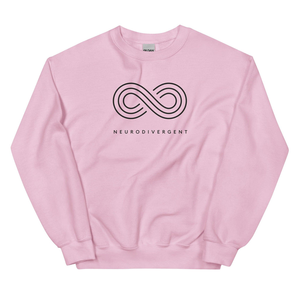 This is a photo of a light pink neurodivergent sweatshirt. In the top middle third of the sweatshirt is an elegant black infinity symbol consisting of three thin black lines. Just below the symbol is the word Neurodivergent in elegant upper case black letters.
