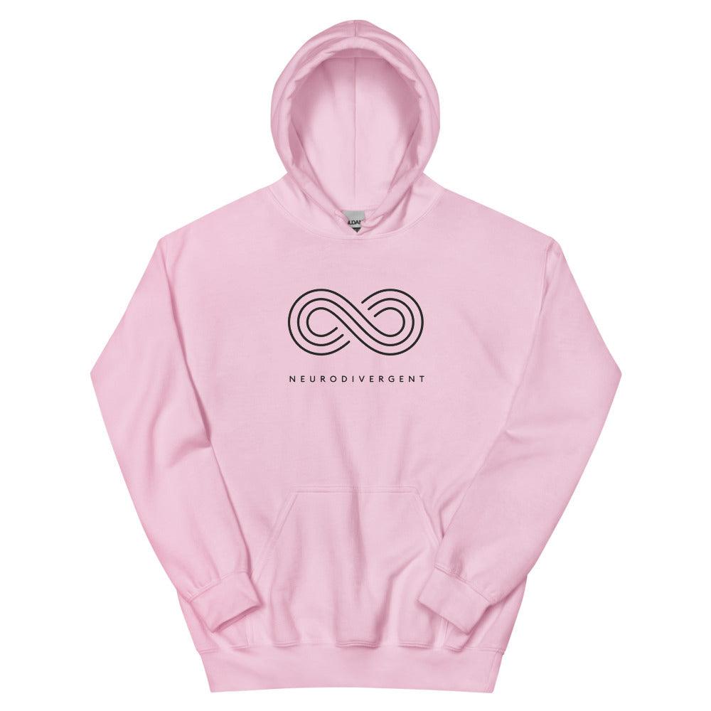 This is a photo of a heavy blend light pink Neurodivergent Hoodie. In the top third of the Neurodivergent Hoodie, there is an elegant black infinity symbol consisting of three interwoven white lines. Under the symbol is the phrase, 'neurodivergent.'