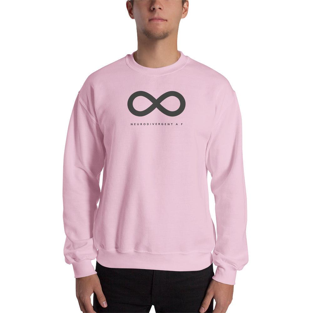 Light pink Neurodivergent AF sweatshirt. There is a black infinity symbol in the top third of the Neurodivergent AF sweatshirt. Under the symbol is the phrase, 'Neurodivergent AF,' in black upper case letters. The sweatshirt is worn by a male model with only his torso visible.