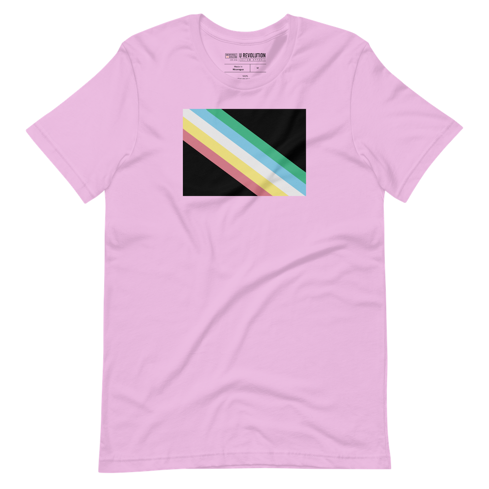 This is an image of a disability pride flag shirt. In the middle of the t-shirt is a dark grey-black background with five diagonal stripes in this order: red, yellow, white, blue, and green (when looking from the bottom up).