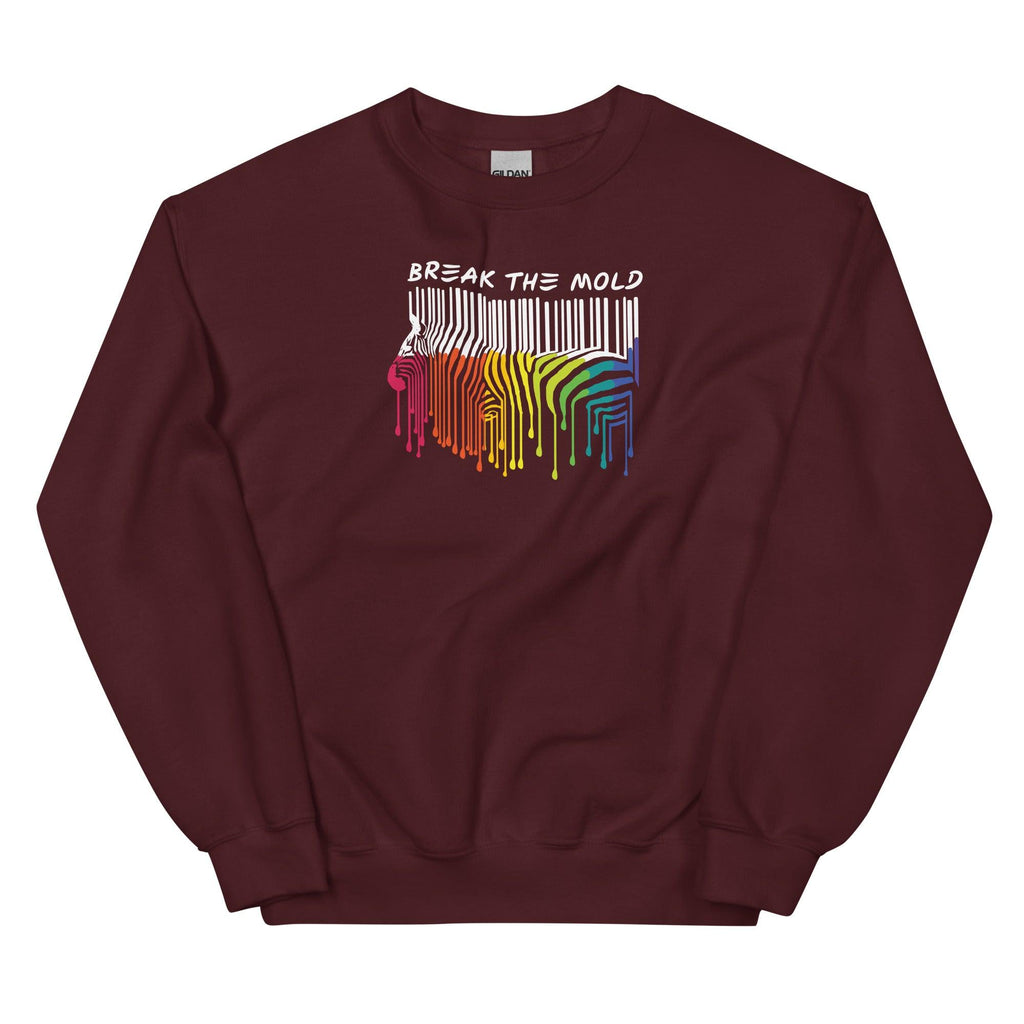 An image of a maroon sweatshirt against a plain background. In the middle of the sweatshirt is a graphic of zebra in the silhouette of a barcode. The top half of the zebra are vertical white stripes, which then change just below the back into the colours of the rainbow. The bottom of each stripe has a paint drip mark. Just above the zebra's back is the phrase, in upper case, 'break the mold.'