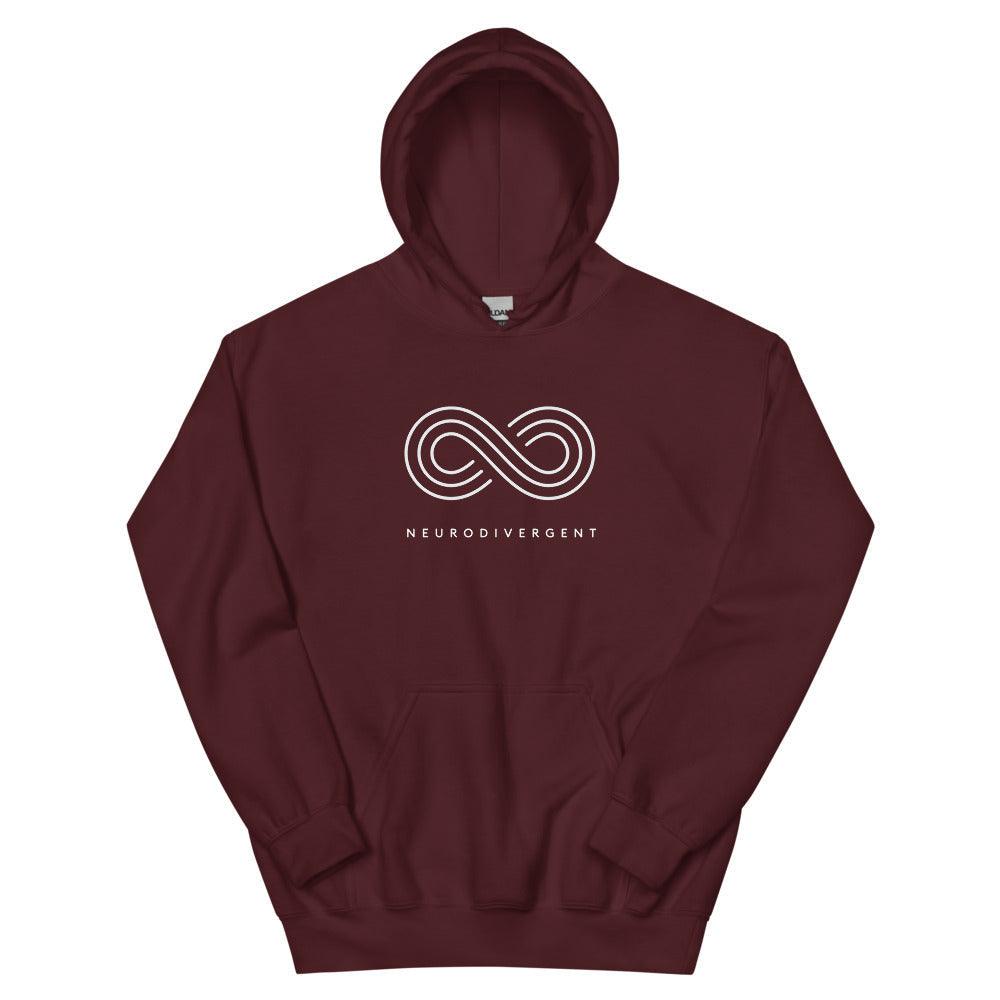 This is a photo of a heavy blend maroon Neurodivergent Hoodie. In the top third of the Neurodivergent Hoodie, there is an elegant white infinity symbol consisting of three interwoven white lines. Under the symbol is the phrase, 'neurodivergent.'
