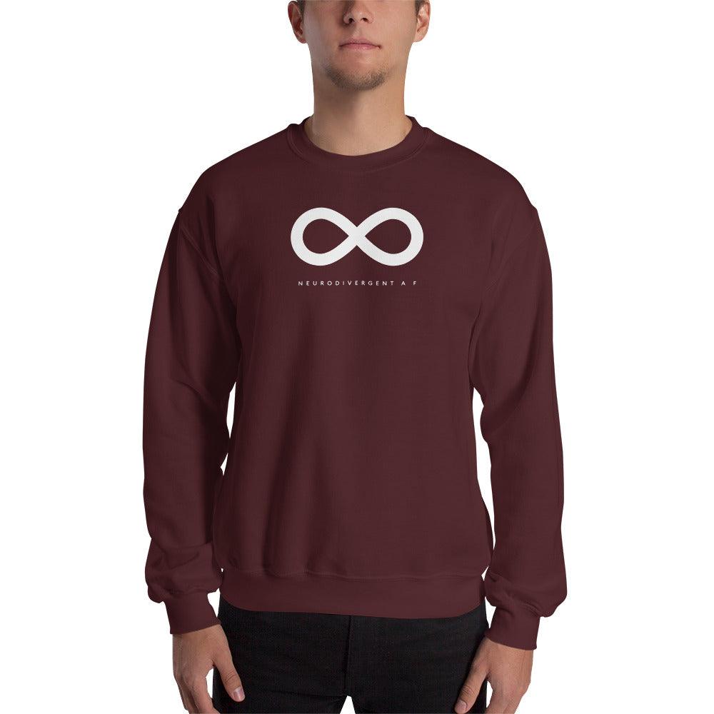 Maroon Neurodivergent AF sweatshirt. There is a white infinity symbol in the top third of the Neurodivergent AF sweatshirt. Under the symbol is the phrase, 'Neurodivergent AF,' in white upper case letters.  The sweatshirt is worn by a male model with only his torso visible.