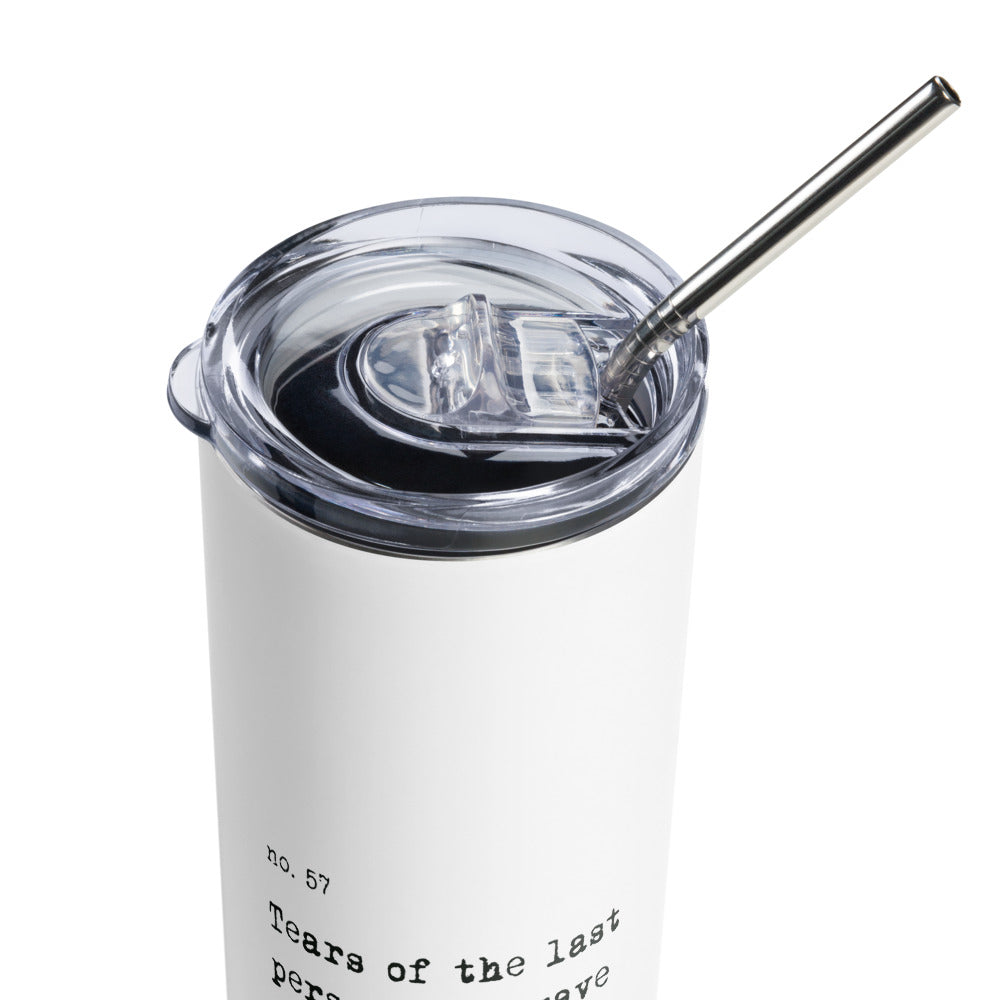 A close-up of the lid and metal straw of the Medical Advice Stainless Steel Travel Mug