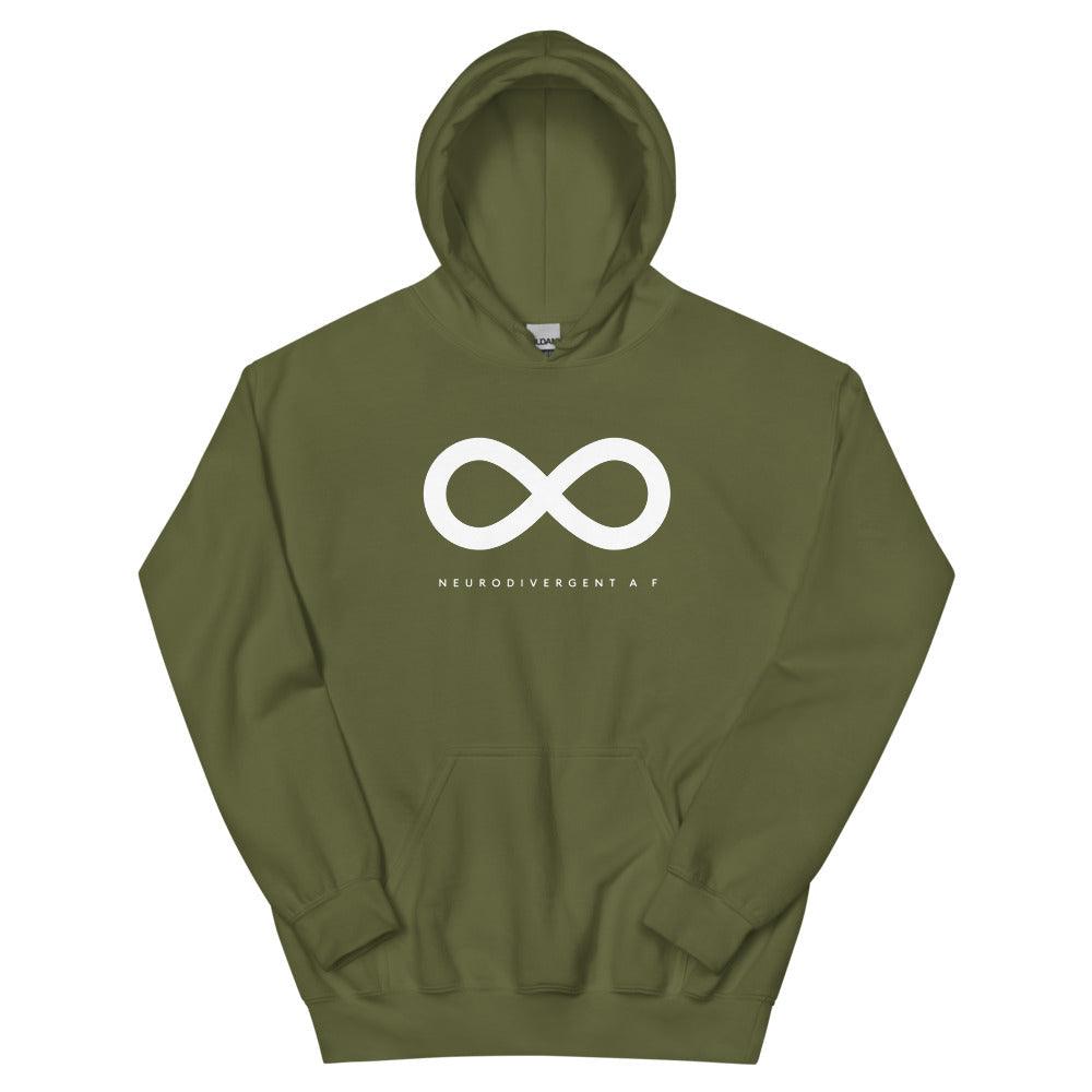 This is a photo of a heavy blend military green heather Neurodivergent AF  Hoodie. In the top third of the Neurodivergent AF  Hoodie there is a thick white infinity symbol. Under the symbol is the phrase, 'neurodivergent a f.'