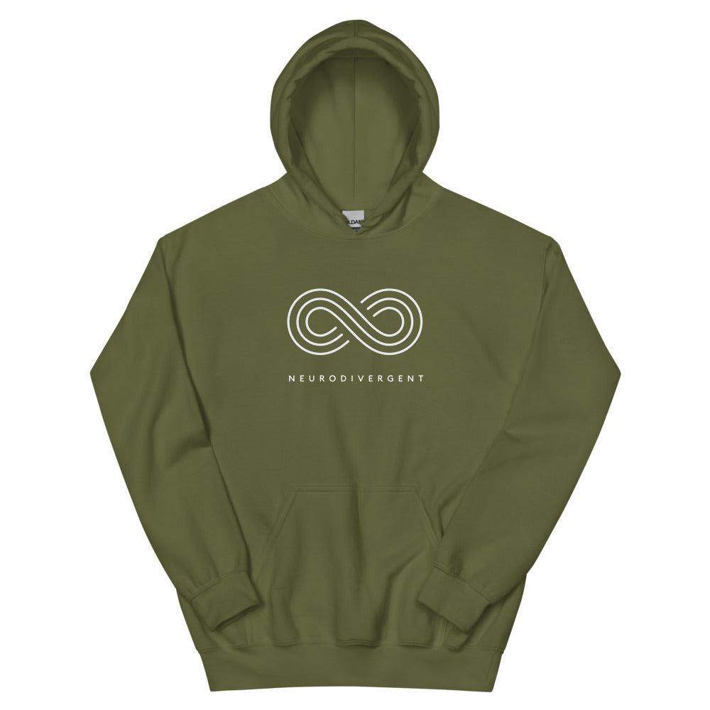 This is a photo of a heavy blend military green Neurodivergent Hoodie. In the top third of the Neurodivergent Hoodie, there is an elegant white infinity symbol consisting of three interwoven white lines. Under the symbol is the phrase, 'neurodivergent.'
