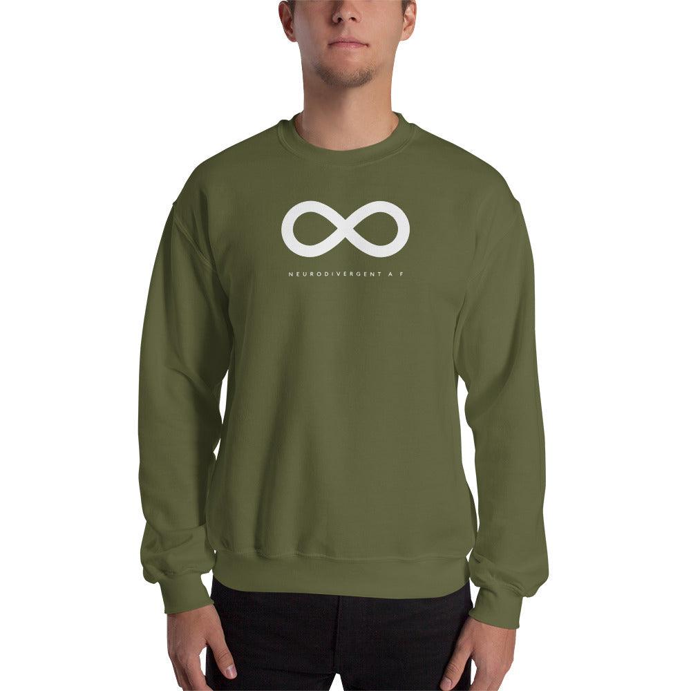 Military green Neurodivergent AF sweatshirt. There is a white infinity symbol in the top third of the Neurodivergent AF sweatshirt. Under the symbol is the phrase, 'Neurodivergent AF,' in white upper case letters. The sweatshirt is worn by a male model with only his torso visible.