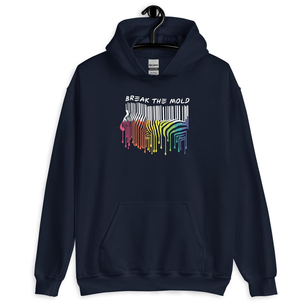 This is a photo of a navy Break the Mold hoodie. In the middle top one-third of the hoodie is a zebra graphic in the silhouette of a barcode. The top half of the zebra are vertical white stripes, which then change just below the back into the colors of the rainbow. The bottom of each stripe has a paint drip mark. Just above the zebra's back is the phrase, in upper case, 'break the mold.'  The navy hoodie is displayed on a black hanger.