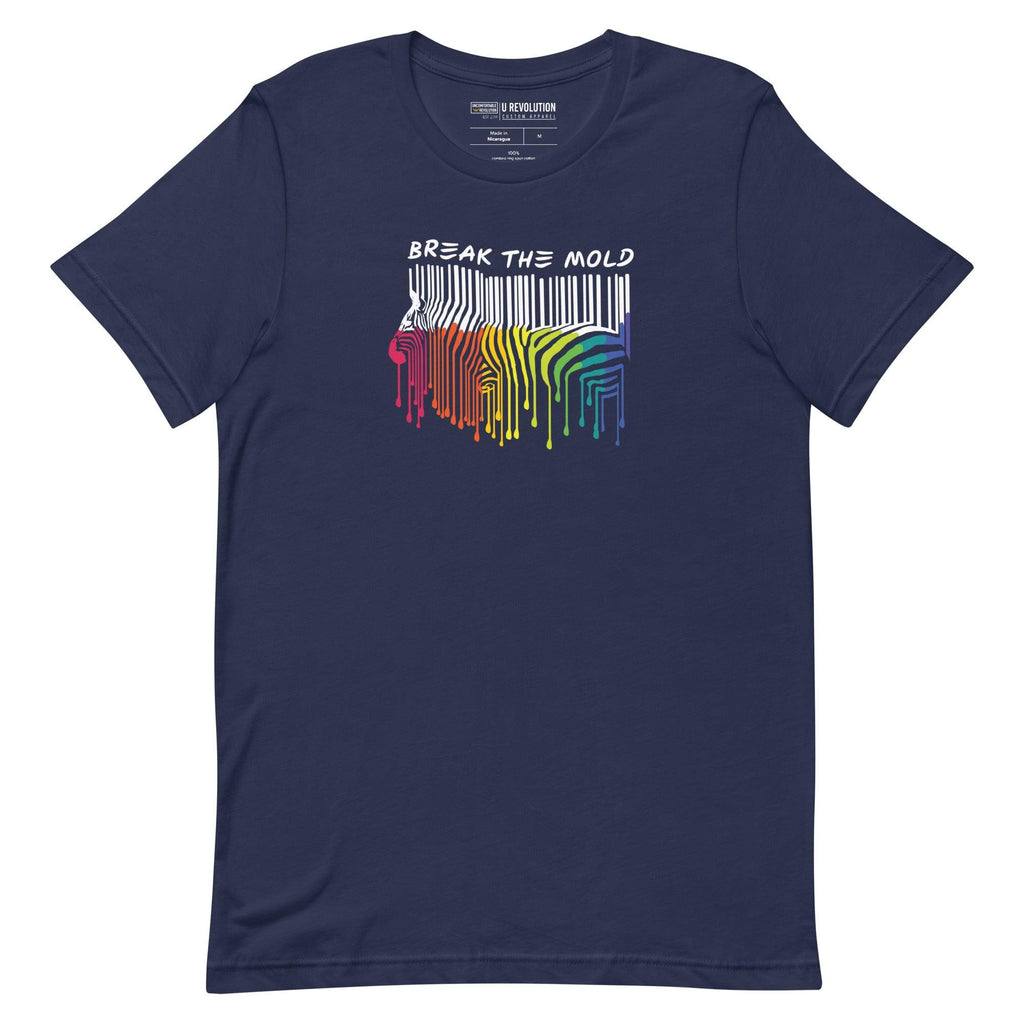 This is a photo of a Break the Mold t-shirt. In the middle of the t-shirt is a graphic of zebra in the silhouette of a barcode. The top half of the zebra are vertical white stripes, which then change just below the back into the colors of the rainbow. The bottom of each stripe has a paint drip mark. Just above the zebra's back is the phrase, in upper case, 'break the mold.' 