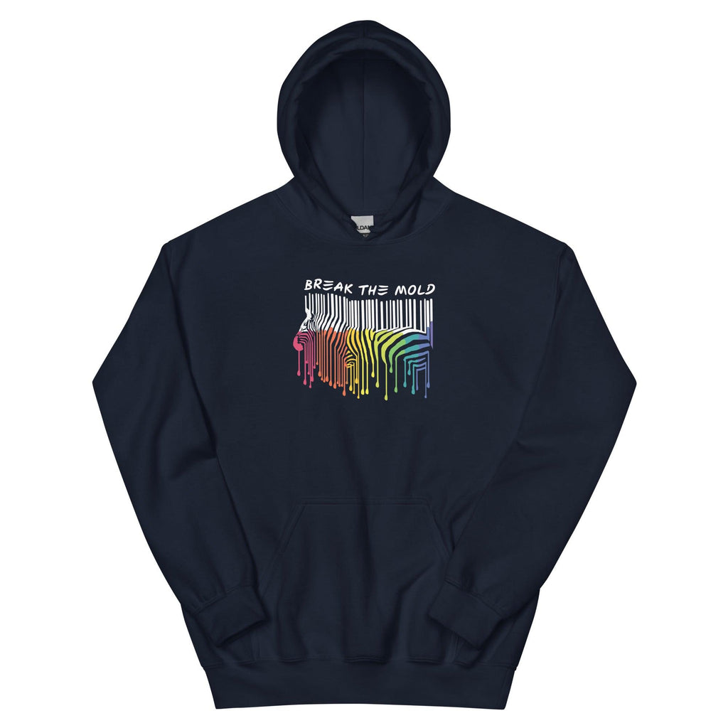 This is a photo of a navy Break the Mold hoodie. In the middle top one-third of the hoodie is a zebra graphic in the silhouette of a barcode. The top half of the zebra are vertical white stripes, which then change just below the back into the colors of the rainbow. The bottom of each stripe has a paint drip mark. Just above the zebra's back is the phrase, in upper case, 'break the mold.' 