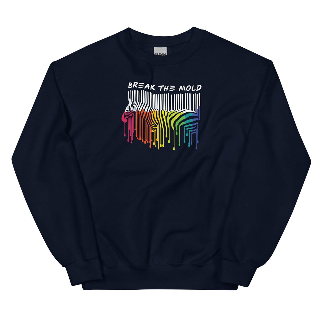 An image of a navy sweatshirt against a plain background. In the middle of the sweatshirt is a graphic of zebra in the silhouette of a barcode. The top half of the zebra are vertical black stripes, which then change just below the back into the colours of the rainbow. The bottom of each stripe has a paint drip mark. Just above the zebra's back is the phrase, in upper case, 'break the mold.'