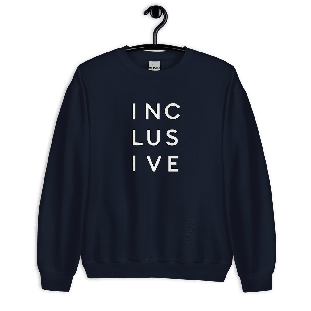 Navy INCLUSIVE Statement Sweatshirt on a hanger  – ultra-soft, classic-fit crewneck promoting unity, diversity, and belonging.