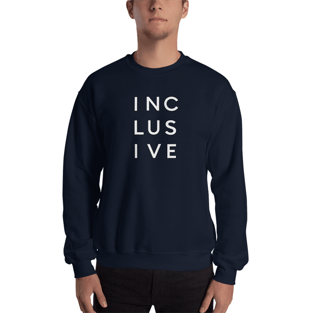 Navy INCLUSIVE Statement Sweatshirt – ultra-soft, classic-fit crewneck promoting unity, diversity, and belonging.
