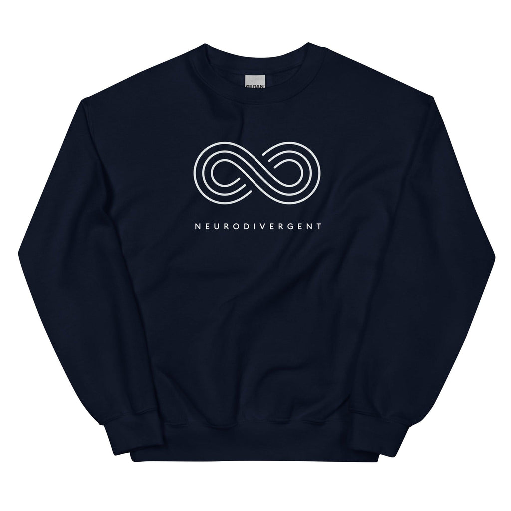 This is a photo of a navy neurodivergent sweatshirt. In the top middle third of the sweatshirt is an elegant white infinity symbol consisting of three thin white lines. Just below the symbol is the word Neurodivergent in elegant upper case white letters.