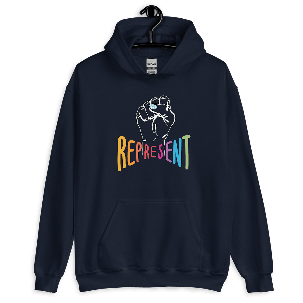This is a photo of a classic represent hoodie. In the middle of the represent hoodie is a white line drawing of a raised clenched fist, with the handwritten word “represent,” written in upper case rainbow colors. 