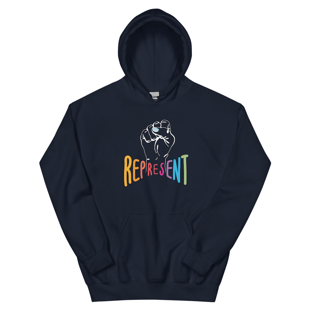 This is a photo of a classic represent hoodie. In the middle of the represent hoodie is a white line drawing of a raised clenched fist, with the handwritten word “represent,” written in upper case rainbow colors.