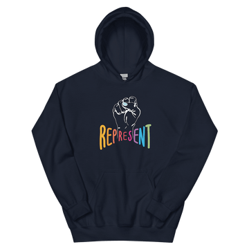 This is a photo of a classic represent hoodie. In the middle of the represent hoodie is a white line drawing of a raised clenched fist, with the handwritten word “represent,” written in upper case rainbow colors.