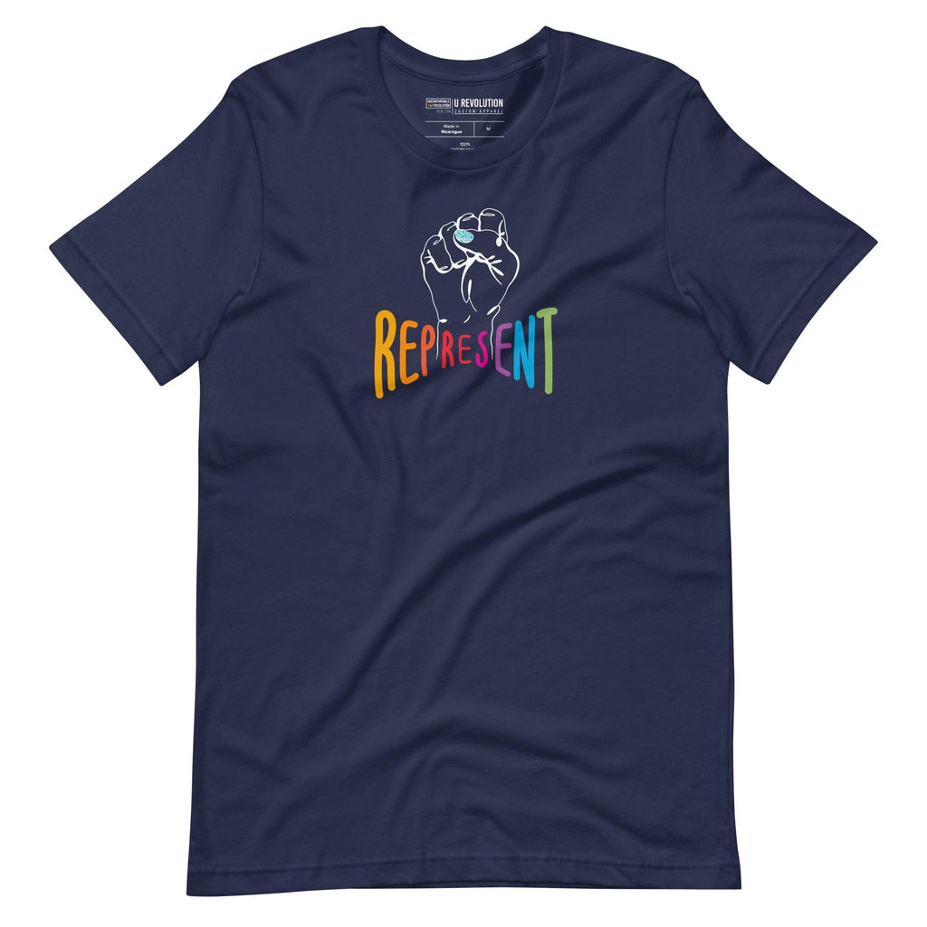 Navy represent t-shirt. In the middle of the represent shirt is a black line drawing of a raised clenched fist, with the handwritten word "represent," written in upper case rainbow colors.