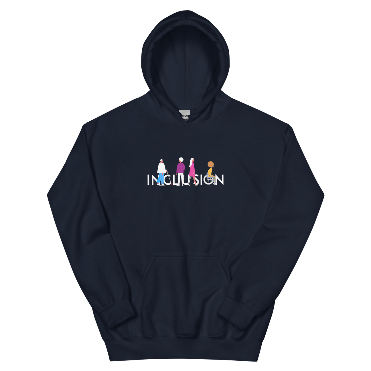 Navy disability inclusion hoodie featuring an original Inclusion icon: The word INCLUSION is written in white upper case letters. Among the letters are four characters: one larger person with glasses and a cane, one person with one arm wearing a turban, one person with long hair and a prosthetic leg, and one person with an afro, seated in a wheelchair leaning forward.