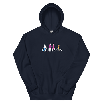 Navy disability inclusion hoodie featuring an original Inclusion icon: The word INCLUSION is written in white upper case letters. Among the letters are four characters: one larger person with glasses and a cane, one person with one arm wearing a turban, one person with long hair and a prosthetic leg, and one person with an afro, seated in a wheelchair leaning forward.