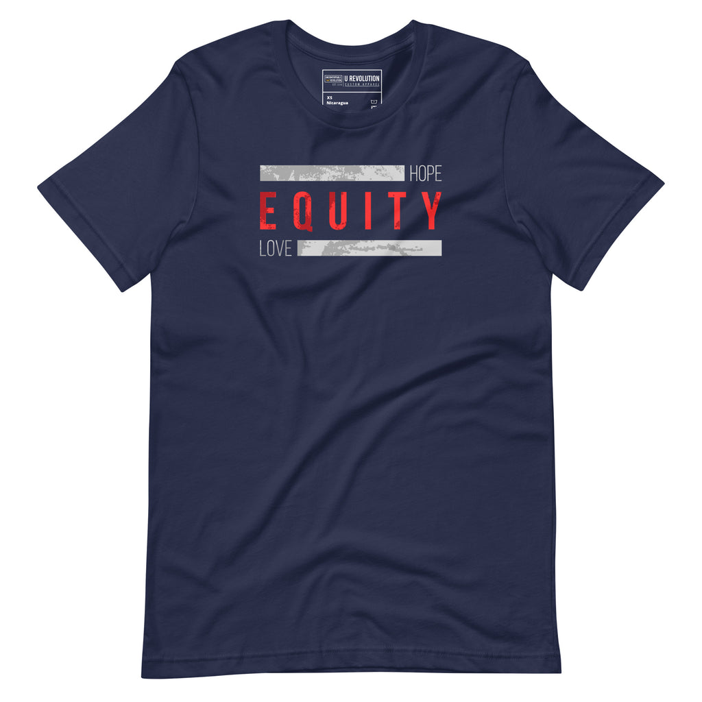 A navy Equity t-shirt. In the middle top one-third of the equity t-shirt is the word 'Equity' in upper case red letters. Above and below the word are two thick rectangle blocks with a distressed pattern. The word HOPE is printed on the top right-hand side, and the word LOVE is on the bottom left side of the block.