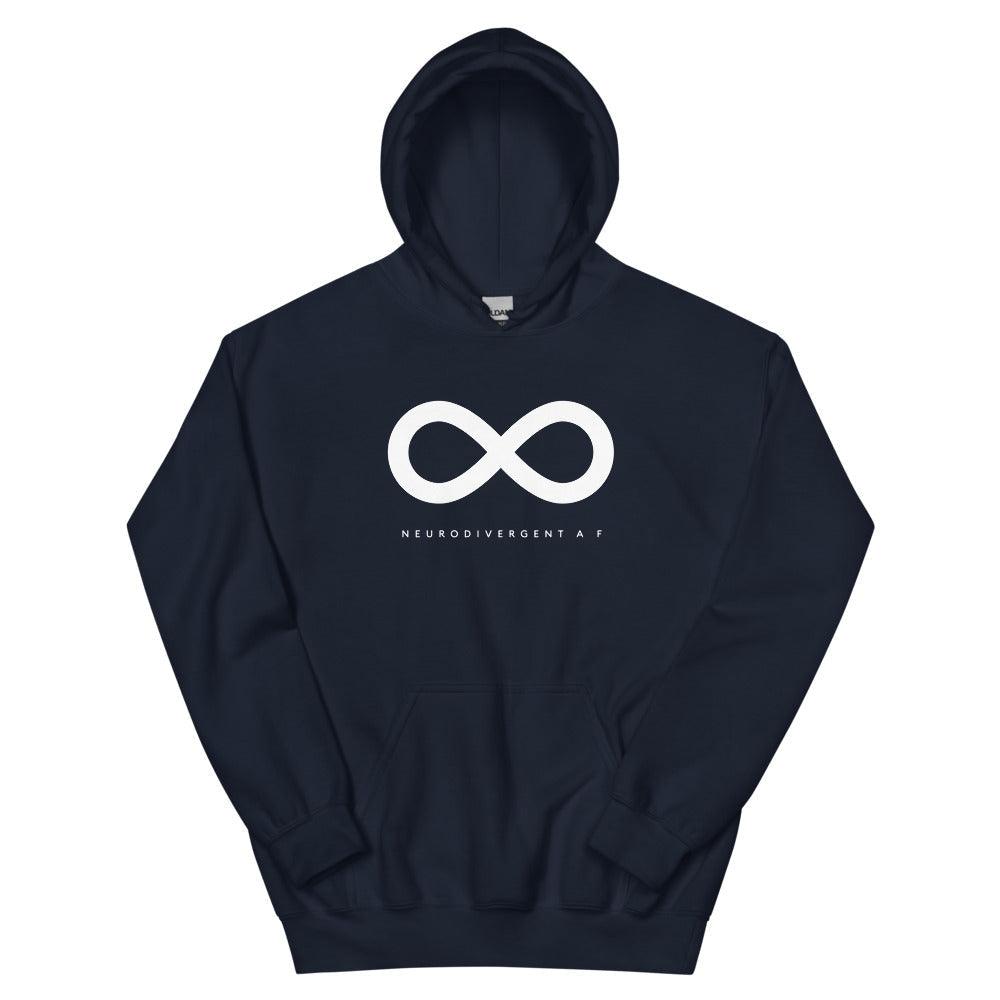This is a photo of a heavy blend navy Neurodivergent AF  Hoodie. In the top third of the Neurodivergent AF  Hoodie there is a thick white infinity symbol. Under the symbol is the phrase, 'neurodivergent a f.'