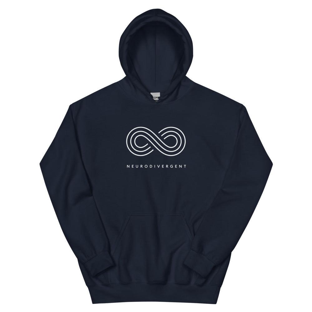 This is a photo of a heavy blend navy Neurodivergent Hoodie. In the top third of the Neurodivergent Hoodie, there is an elegant white infinity symbol consisting of three interwoven white lines. Under the symbol is the phrase, 'neurodivergent.'