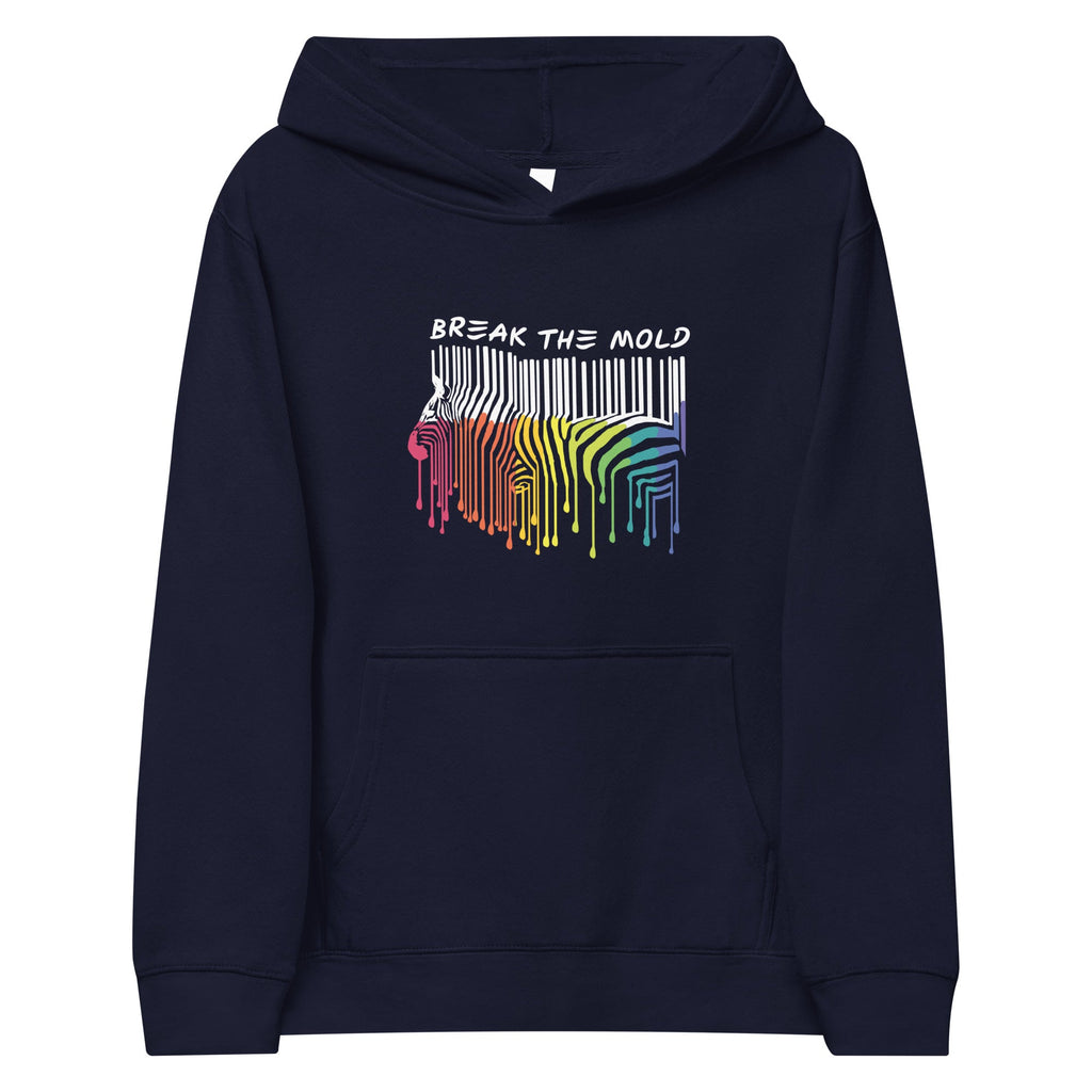 A photo of a kids Break the Mold hoodie. In the middle of the hoodie is a graphic of zebra in the silhouette of a barcode. The top half of the zebra are vertical white stripes, which then change just below the back into the colors of the rainbow. The bottom of each stripe has a paint drip mark. Just above the zebra's back is the phrase, in upper case, 'break the mold.'