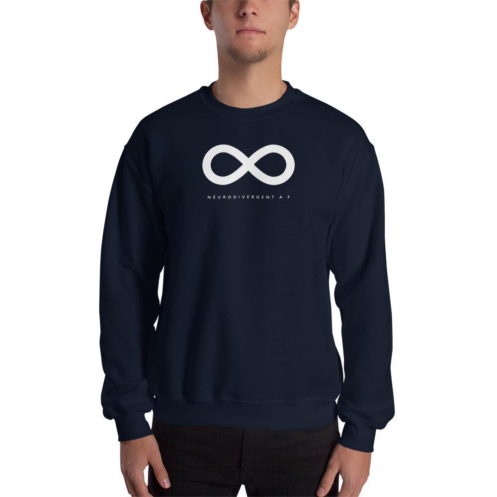 Navy Neurodivergent AF sweatshirt. There is a white infinity symbol in the top third of the Neurodivergent AF sweatshirt. Under the symbol is the phrase, 'Neurodivergent AF,' in white upper case letters. The sweatshirt is worn by a male model with only his torso visible.