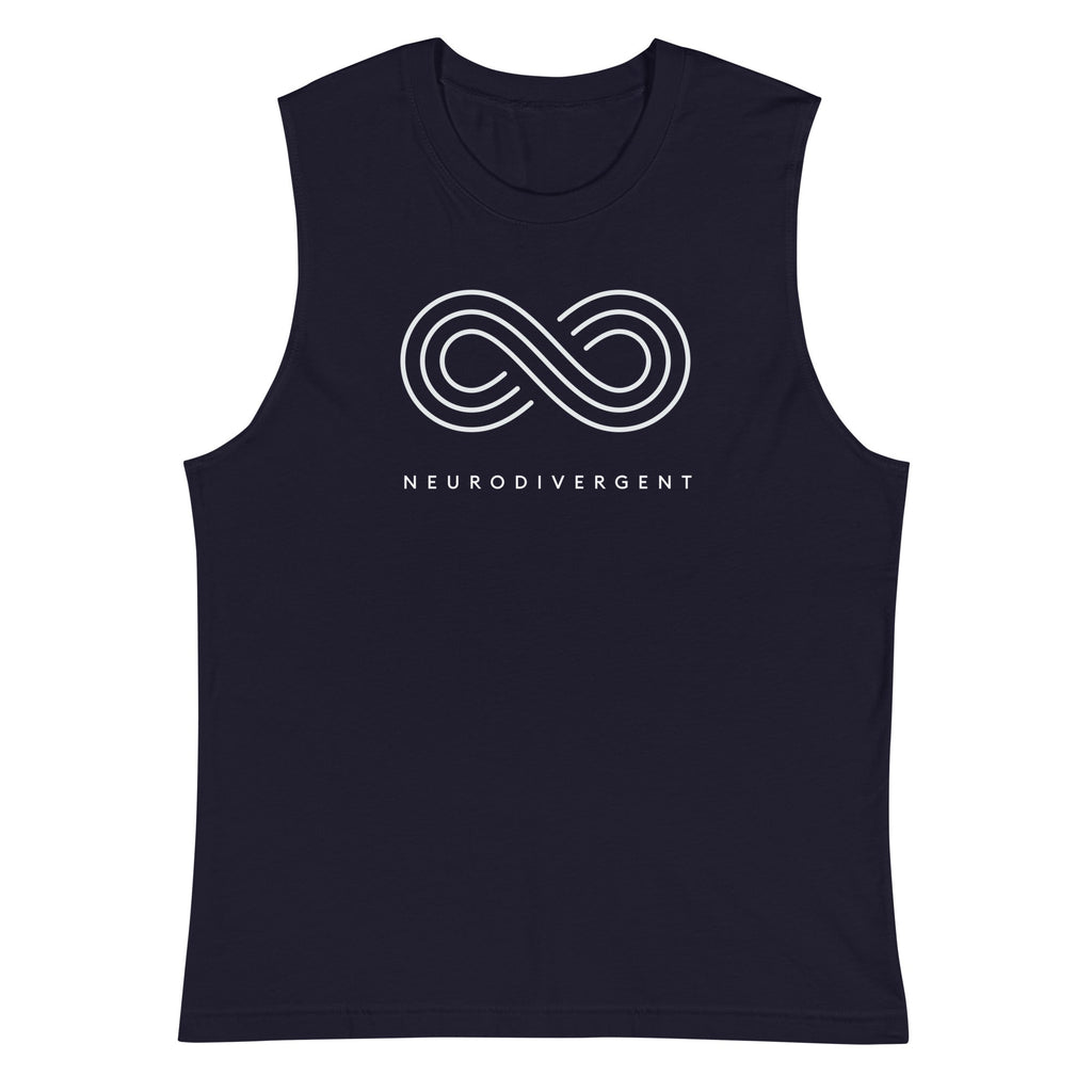 This is a photo of a navy neurodivergent muscle tank. In the middle of top one-third of the tank is an elegant white infinity symbol consisting of three thin white lines. Just below the infinity symbol is the word Neurodivergent in elegant upper case white letters.