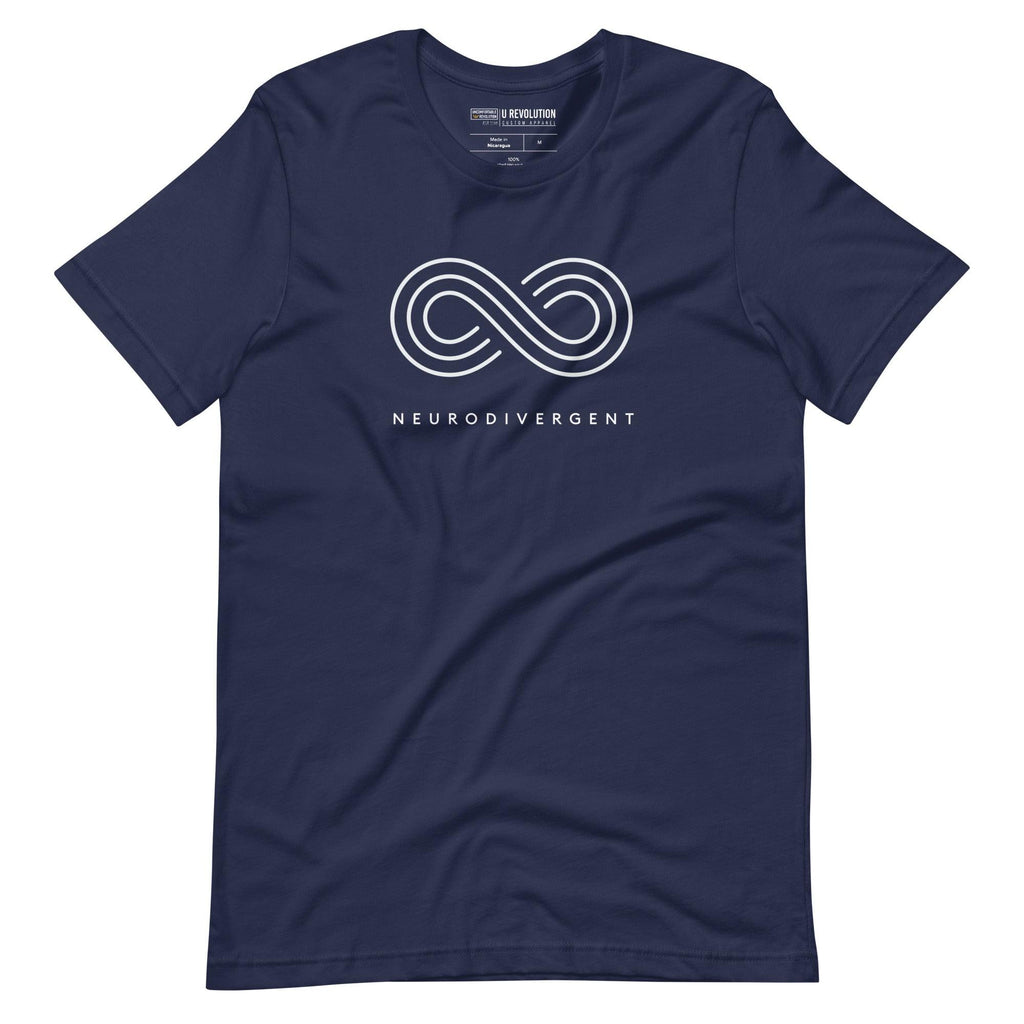 Navy neurodivergent shirt against a plain background. In the top 1/3 of the neurodivergent shirt is an elegant white infinity symbol consisting of three thin white lines. Just below the infinity symbol is the word Neurodivergent in elegant upper-case white letters.