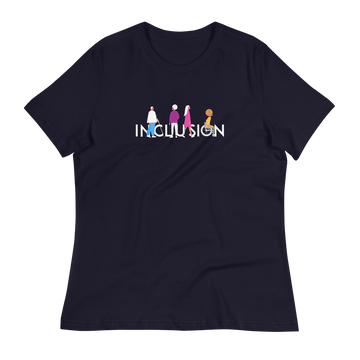A photo of a relaxed Inclusion tee. The tee has the iconic INCLUSION logo printed on it: the word INCLUSION is printed in large white type in the colors of the rainbow. Four diverse disabled people are incorporated into the word INCLUSION. Under the words, printed in small white upper case text, is the word - URevolution.