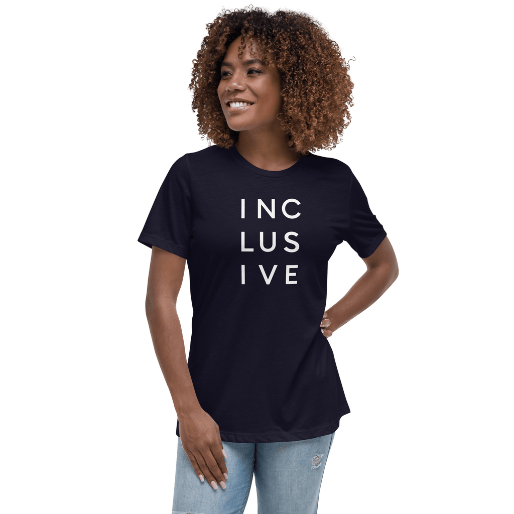 Person wearing the INCLUSIVE Relaxed Fit T-Shirt, a comfortable and stylish everyday tee for casual wear.